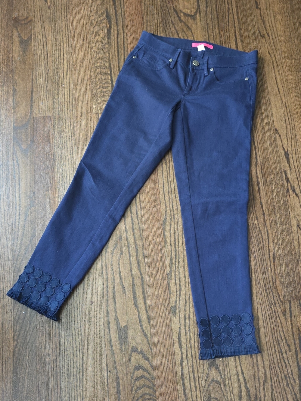Lilly Pulitzer Navy Pants with Pink Logo Tabs and Gold Buttons